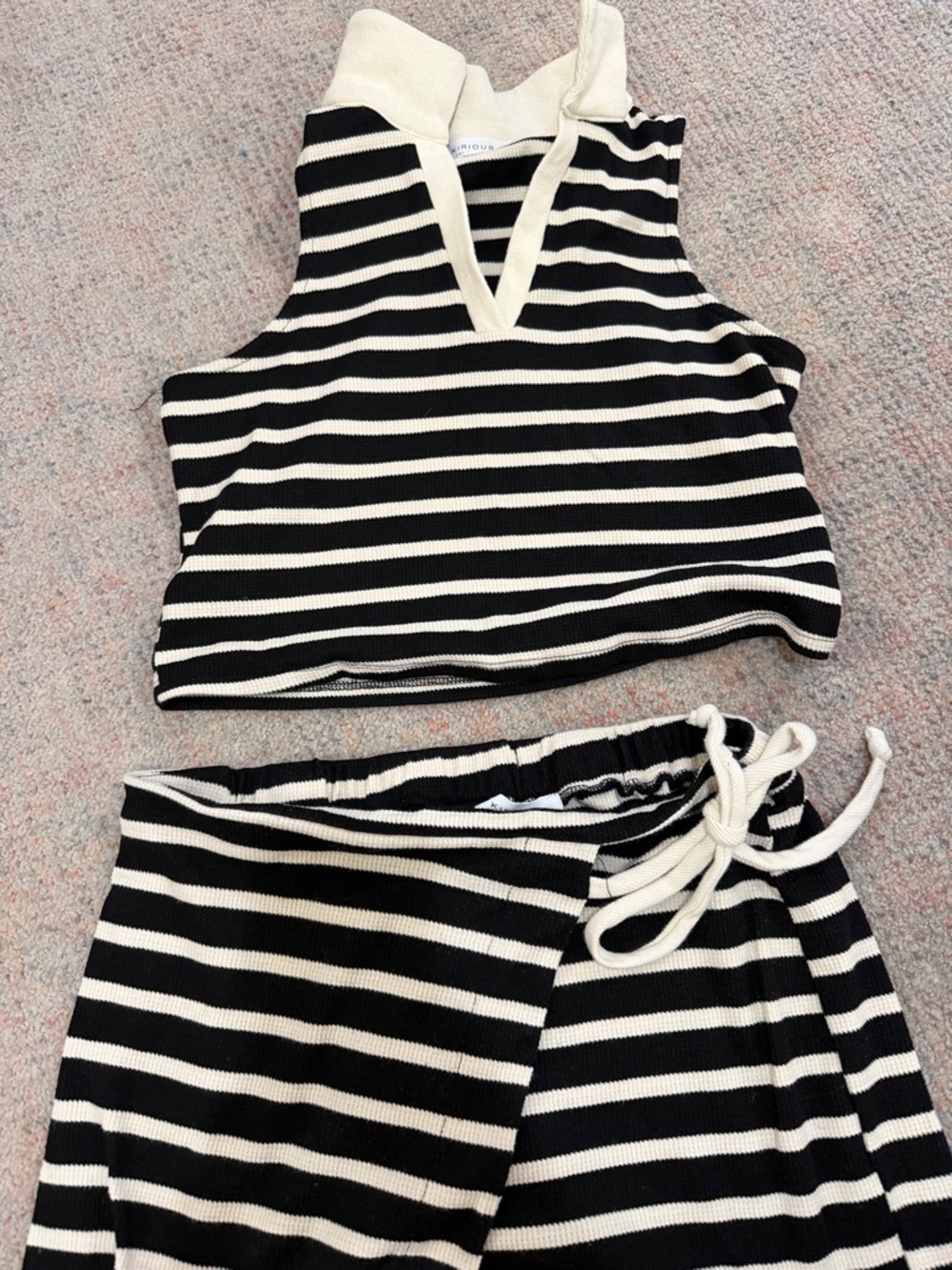 Striped Ribbed Bandeau Top and Skort Set - Black & Cream